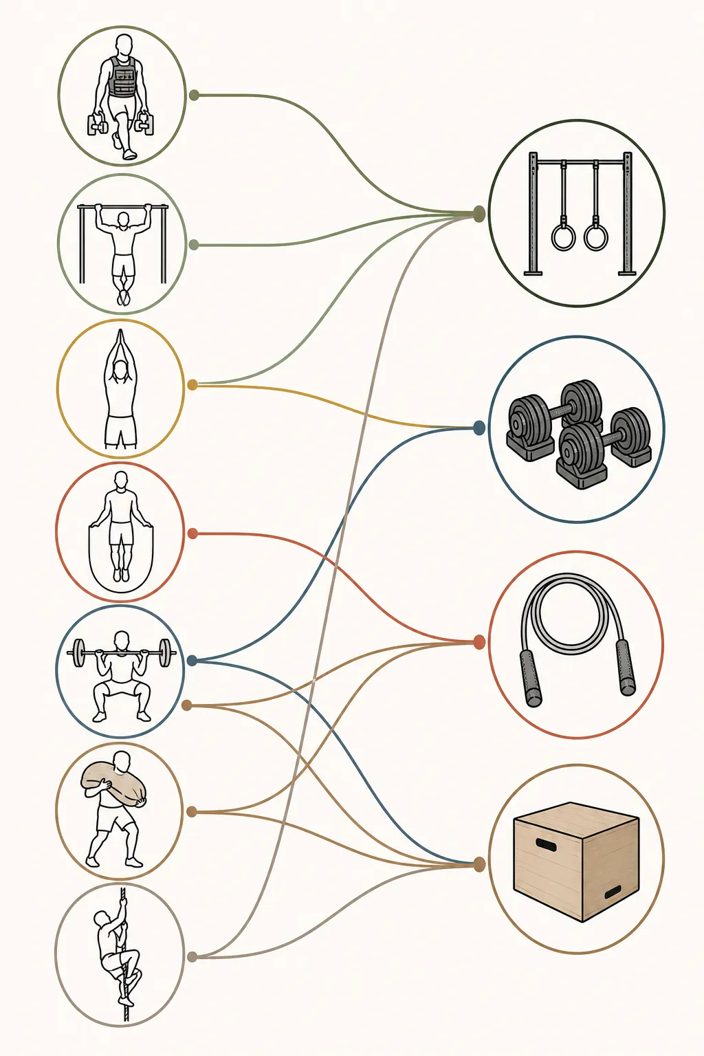 Line-art infographic mapping seven CrossFit movement families to four compact equipment categories