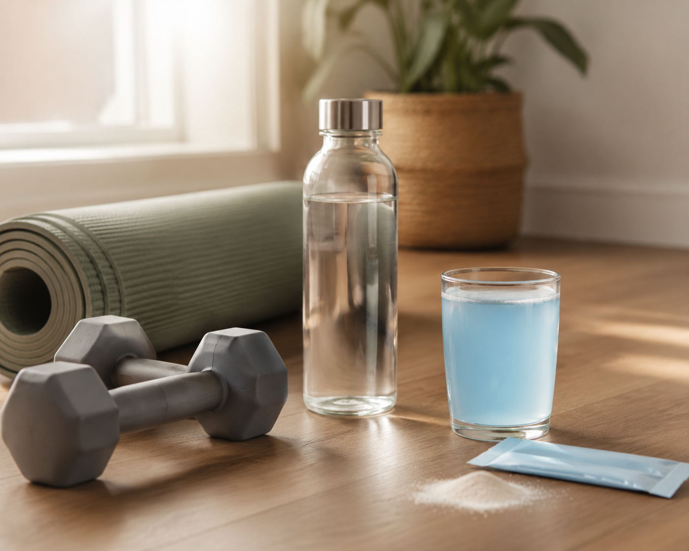 Rolled yoga mat, dumbbells, plain water, and an electrolyte drink on a wooden floor