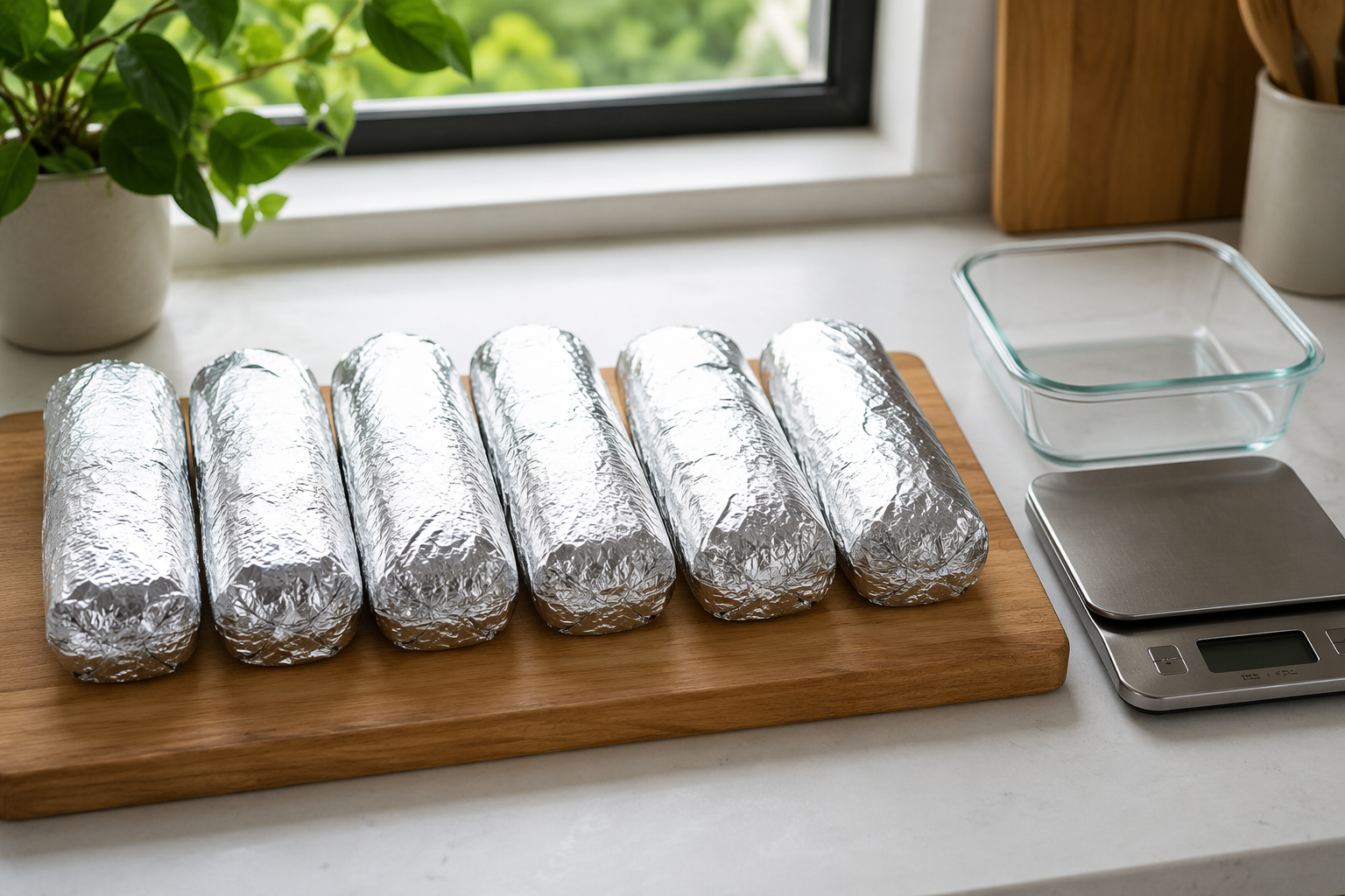 Six foil-wrapped meal prep burritos lined up beside a kitchen scale and glass container