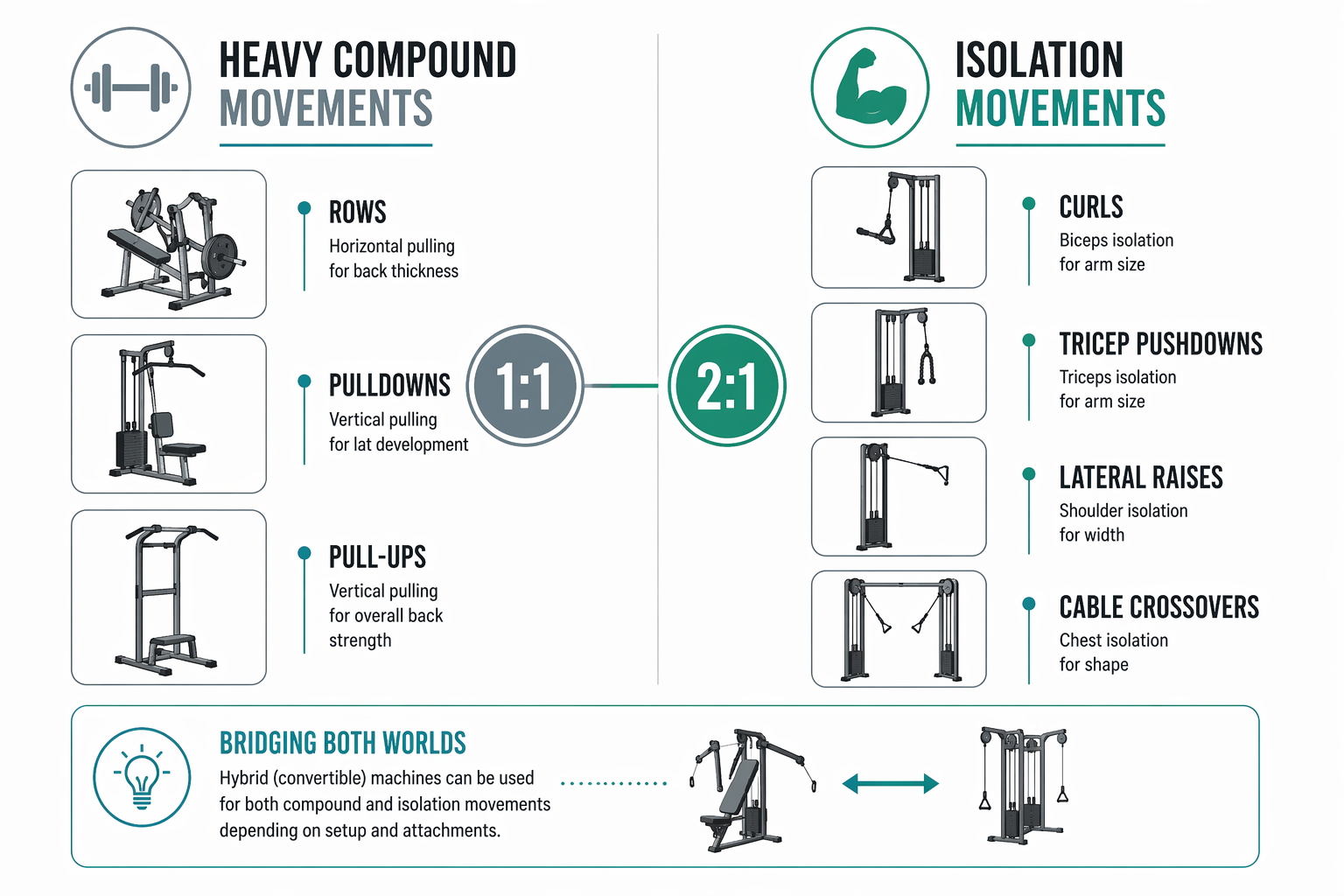 Two-column editorial layout dividing exercises by pulley ratio. Left column shows heavy compound movements (rows, pulldowns) paired with a 1:1 badge. Right column shows isolation movements (curls, tricep pushdowns, lateral raises, cable crossovers) paired with a 2:1 badge. A hybrid section bridges both columns.