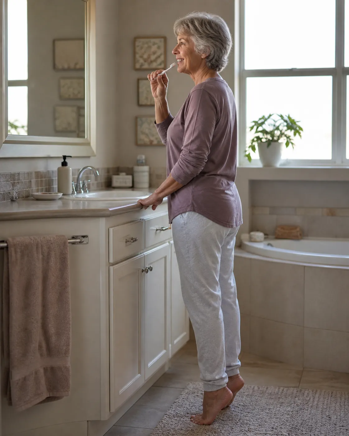Woman doing calf raises while brushing her teeth at a bathroom sink