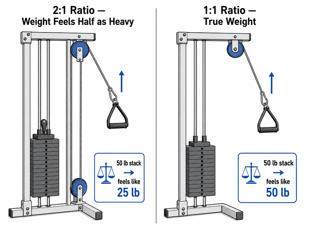 Side-by-side mechanical diagram comparing 2:1 pulley ratio (cable routed through two pulleys, 50 lb stack feels like 25 lb) and 1:1 pulley ratio (cable through single pulley, 50 lb stack feels like 50 lb).
