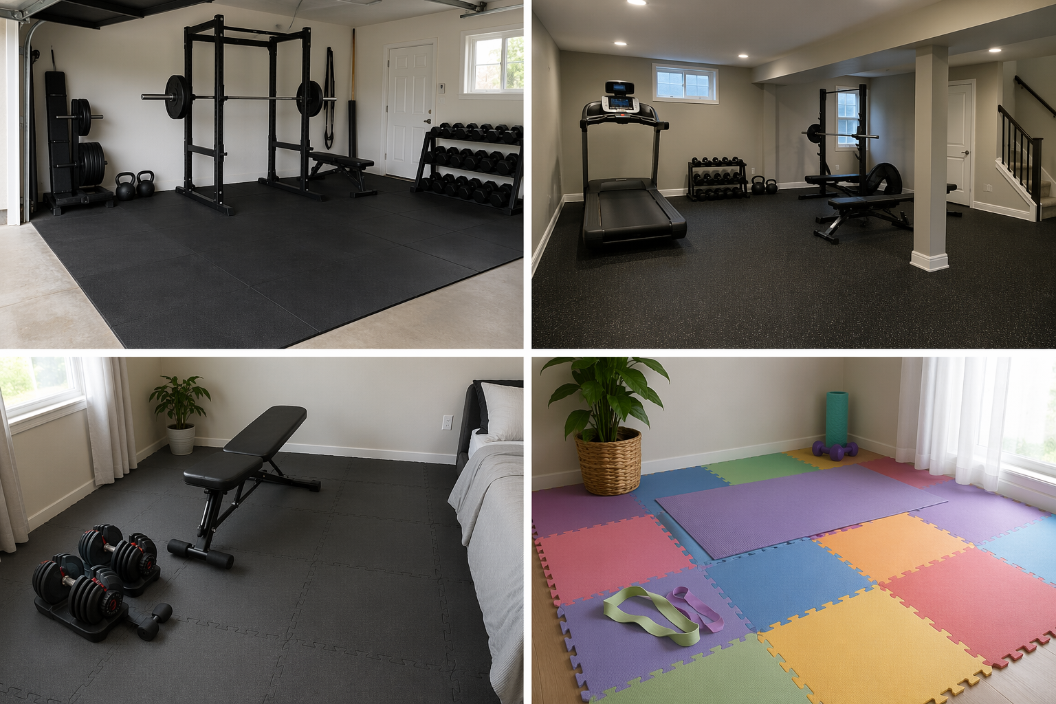 Four home gym flooring formats shown in context: stall mats in a garage, rubber rolls in a basement, interlocking rubber tiles in an apartment, and foam tiles in a stretching corner