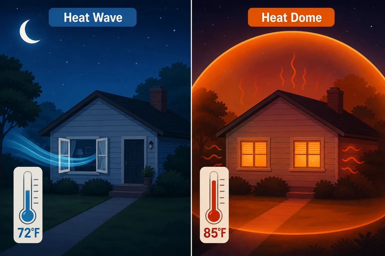 Comparison of a house cooling at night during a heat wave and staying hot under a heat dome