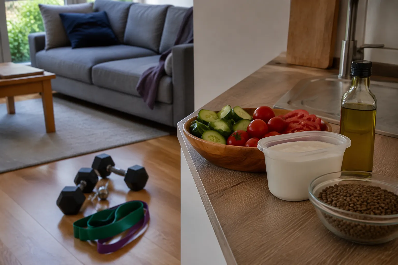 Dumbbells and resistance bands near a couch with Mediterranean ingredients on a kitchen counter