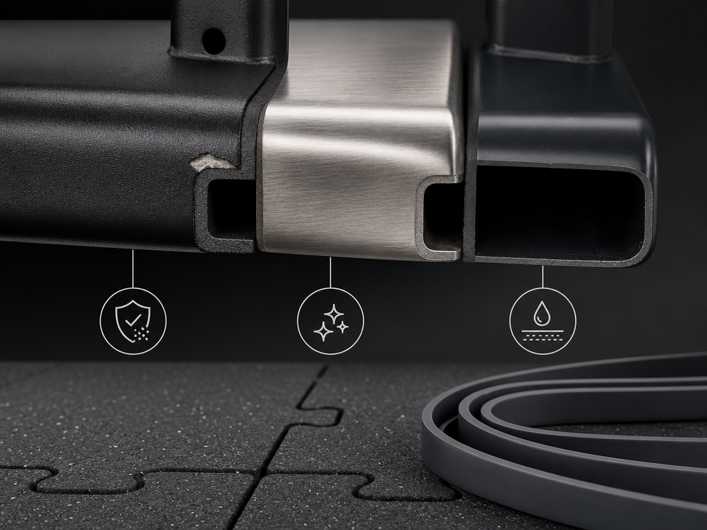 Studio editorial close-up showing three metal finish samples side by side: matte black powder-coated steel on the left, brushed stainless steel in the center, and a rubber-coated e-coated metal section on the right, with interlocking charcoal rubber floor tiles and a coiled UV-resistant resistance band at the bottom, against a dark background with soft studio lighting
