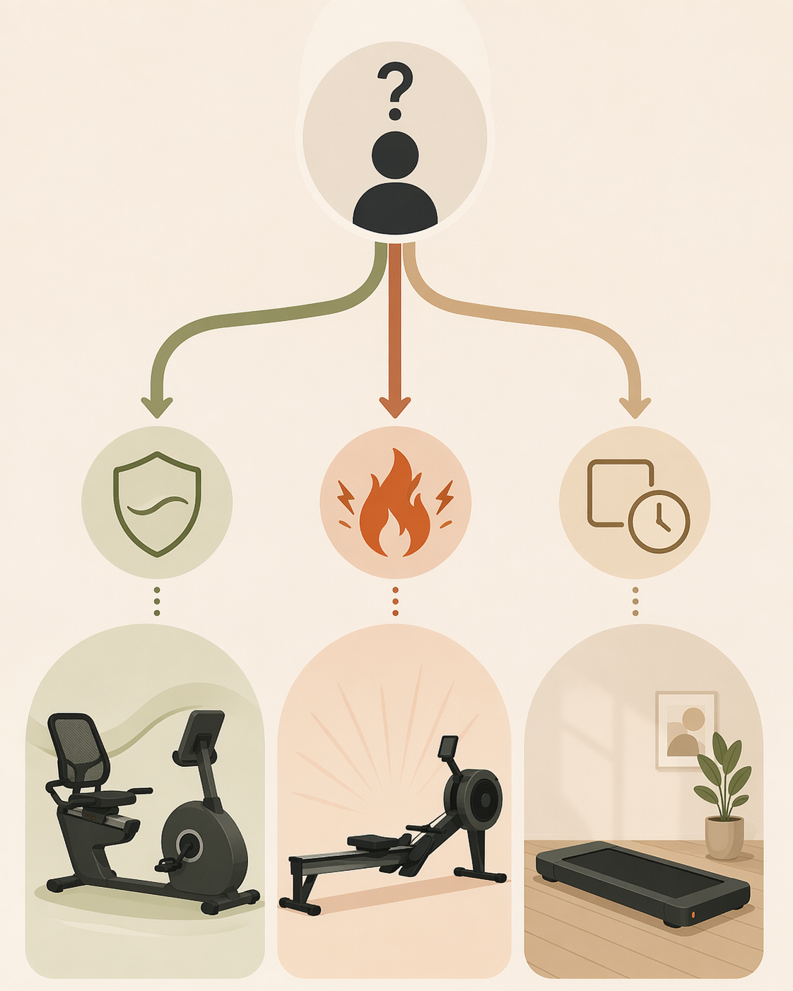 Decision path leading toward a recumbent bike, rowing machine, or walking pad depending on the buyer’s main constraint
