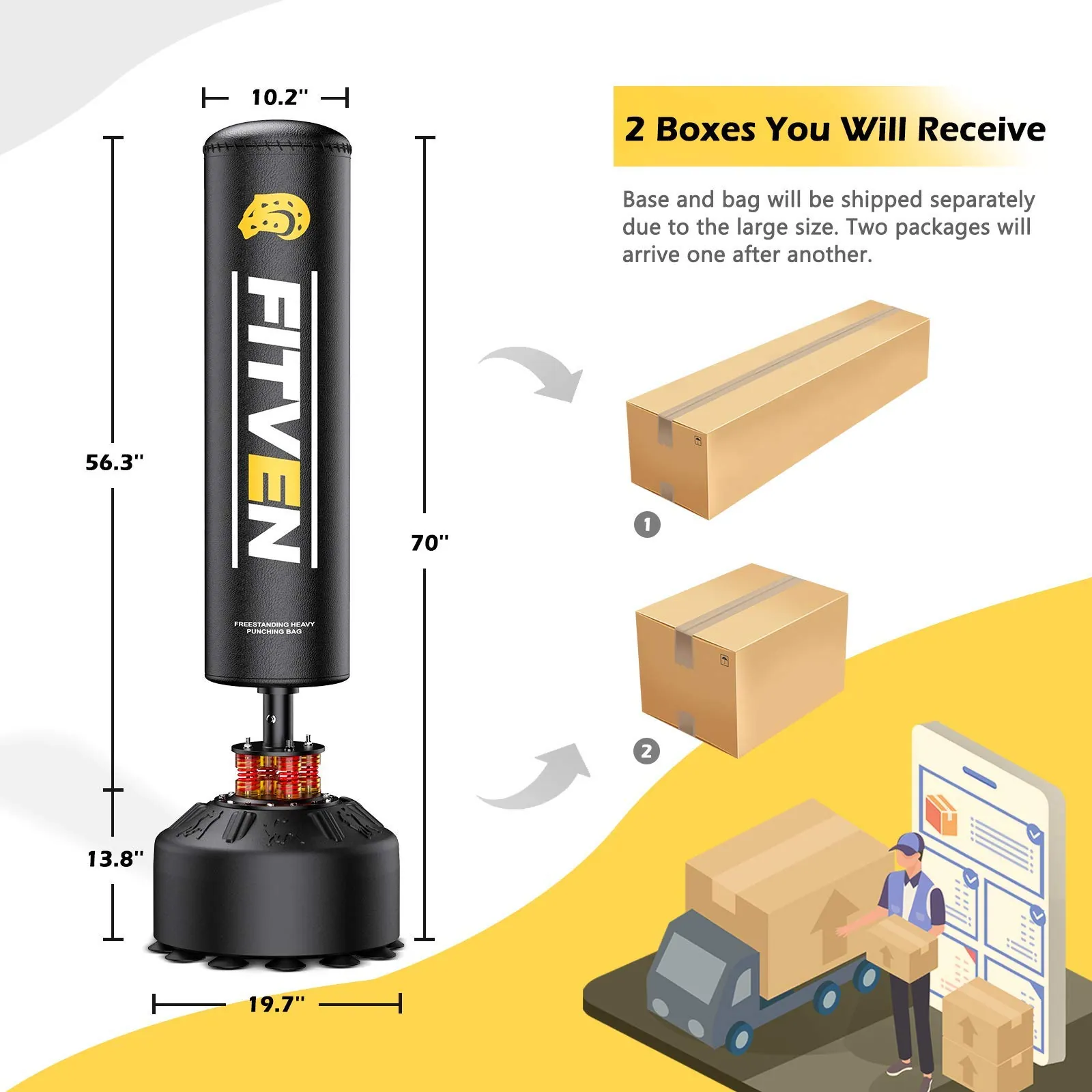 Full-height freestanding punching bag with a wide circular base on a hard floor