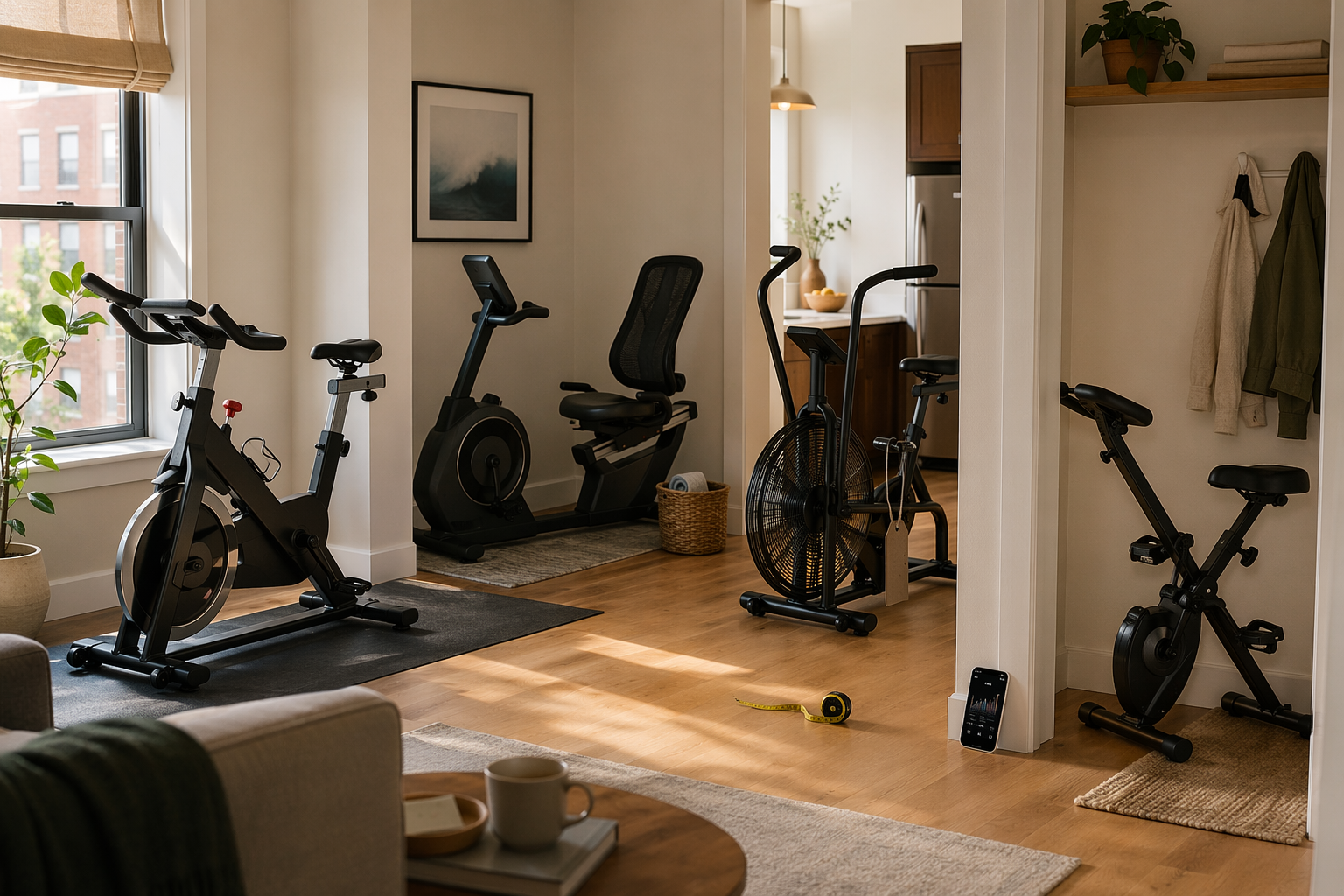 Different stationary bike types arranged in a home with measuring tape, price tag, and smartphone showing space, cost, and app constraints