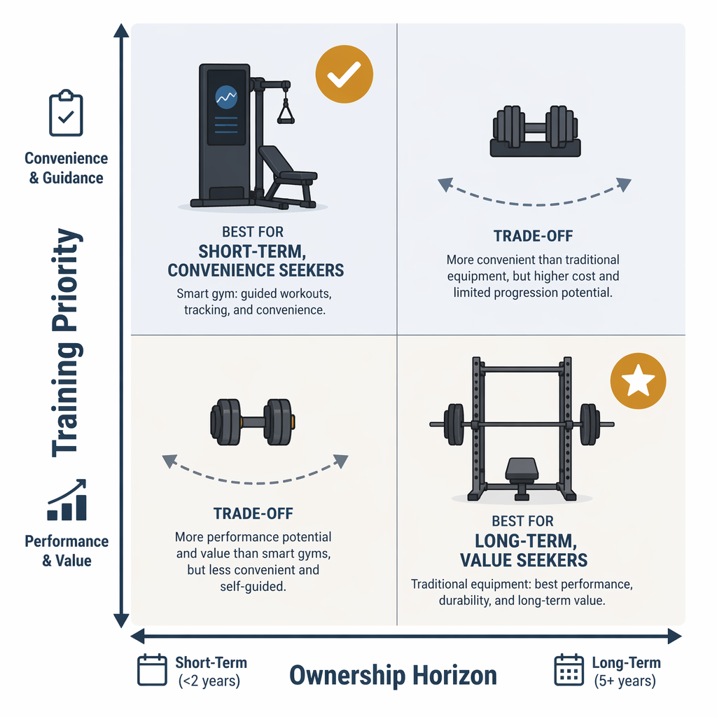 A 2x2 decision matrix grid with 'Ownership Horizon' on the horizontal axis (Short-Term vs. Long-Term) and 'Training Priority' on the vertical axis (Convenience & Guidance vs. Performance & Value), showing a smart gym icon with checkmark in top-left quadrant and a barbell icon with star in bottom-right quadrant.