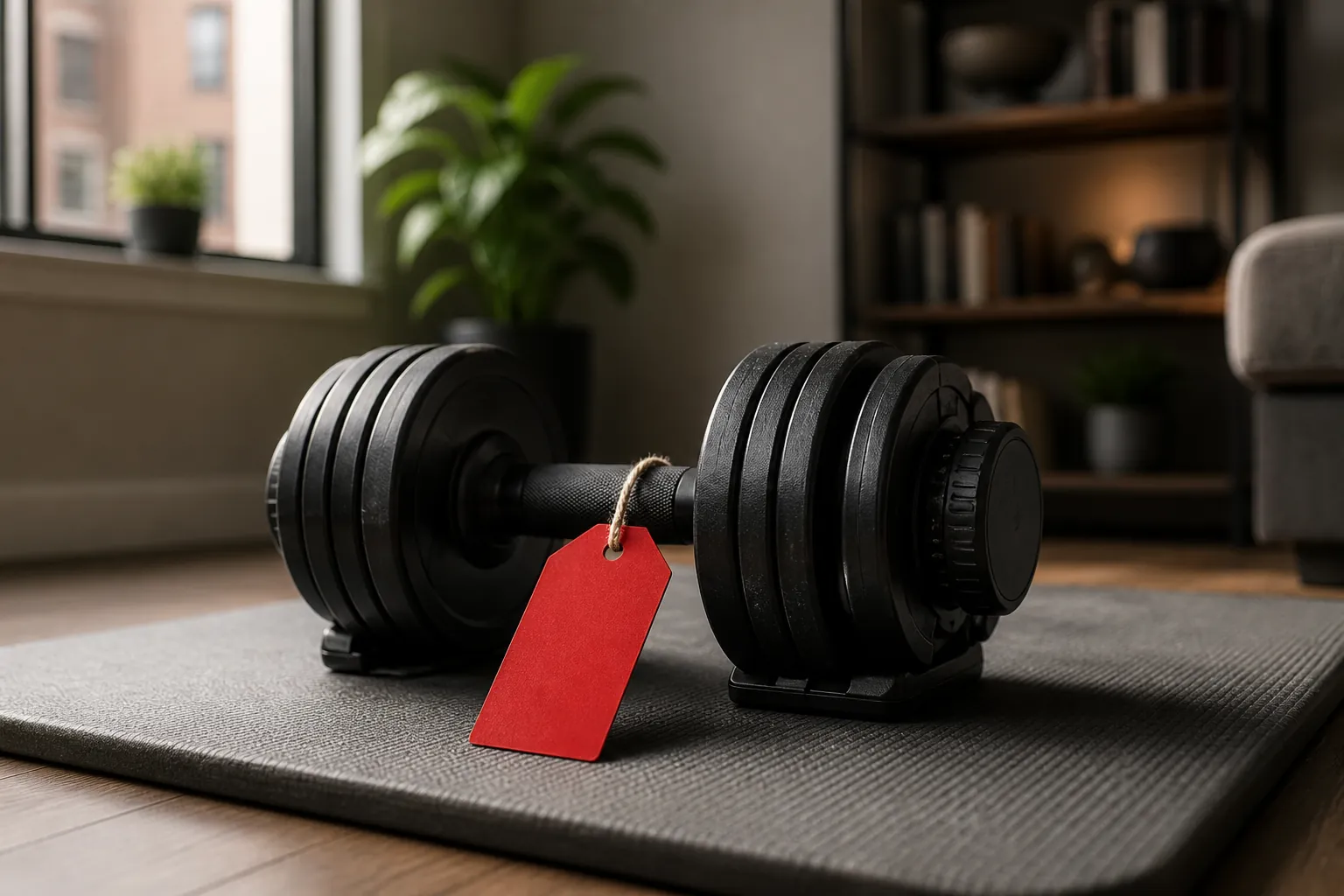 Adjustable dumbbell on a mat in a compact apartment corner with a red sale tag
