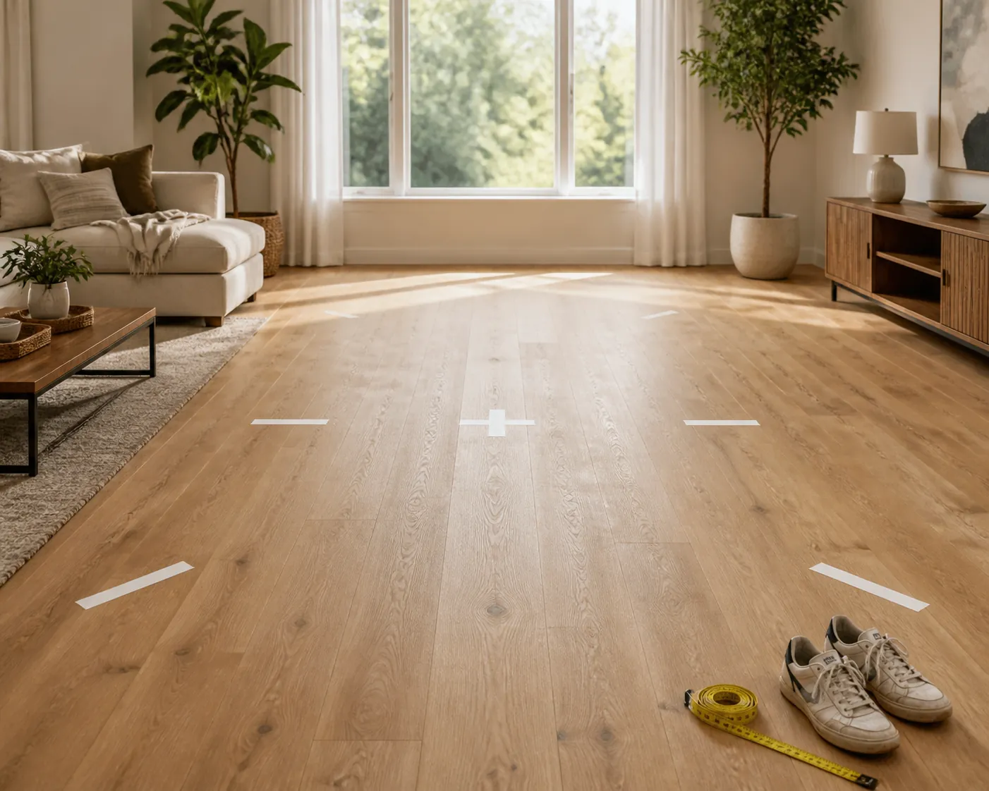 Living room floor with compact tennis footwork tape marks in a cleared training space