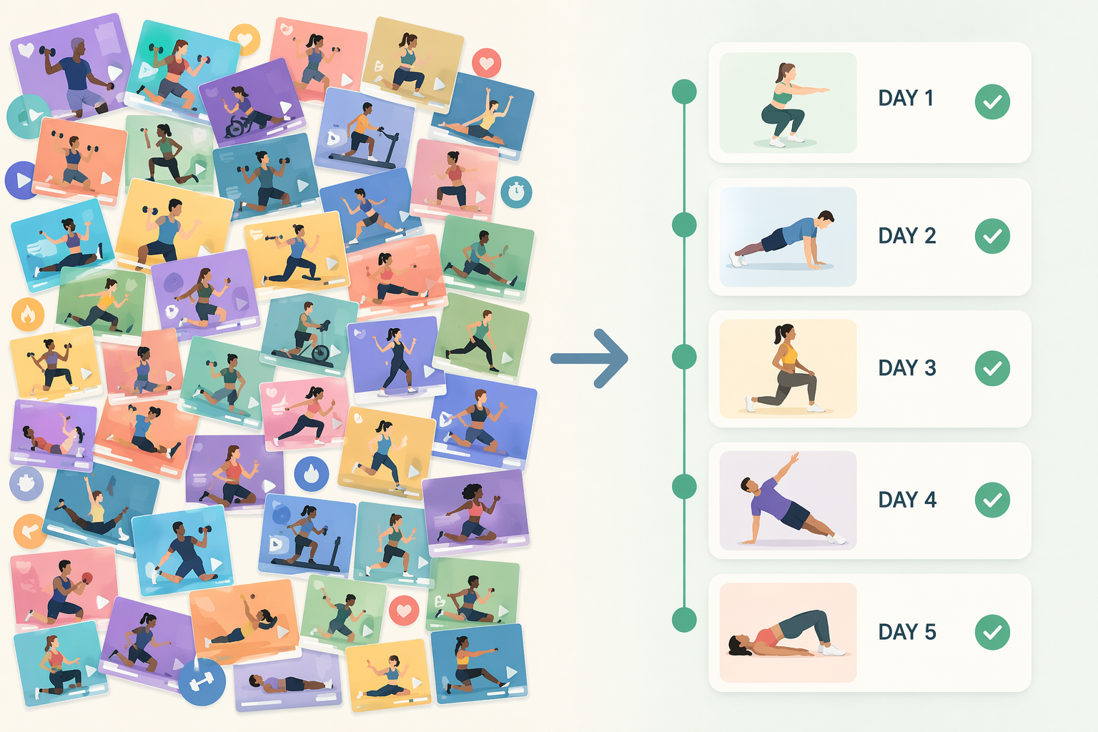 A chaotic workout class library contrasted with a simple day by day training plan