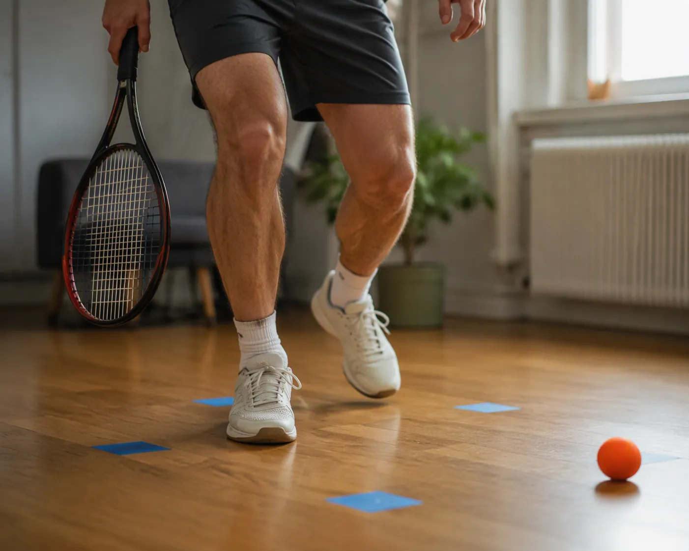 A person performs light tennis footwork between blue painter's tape markers on an apartment wood floor