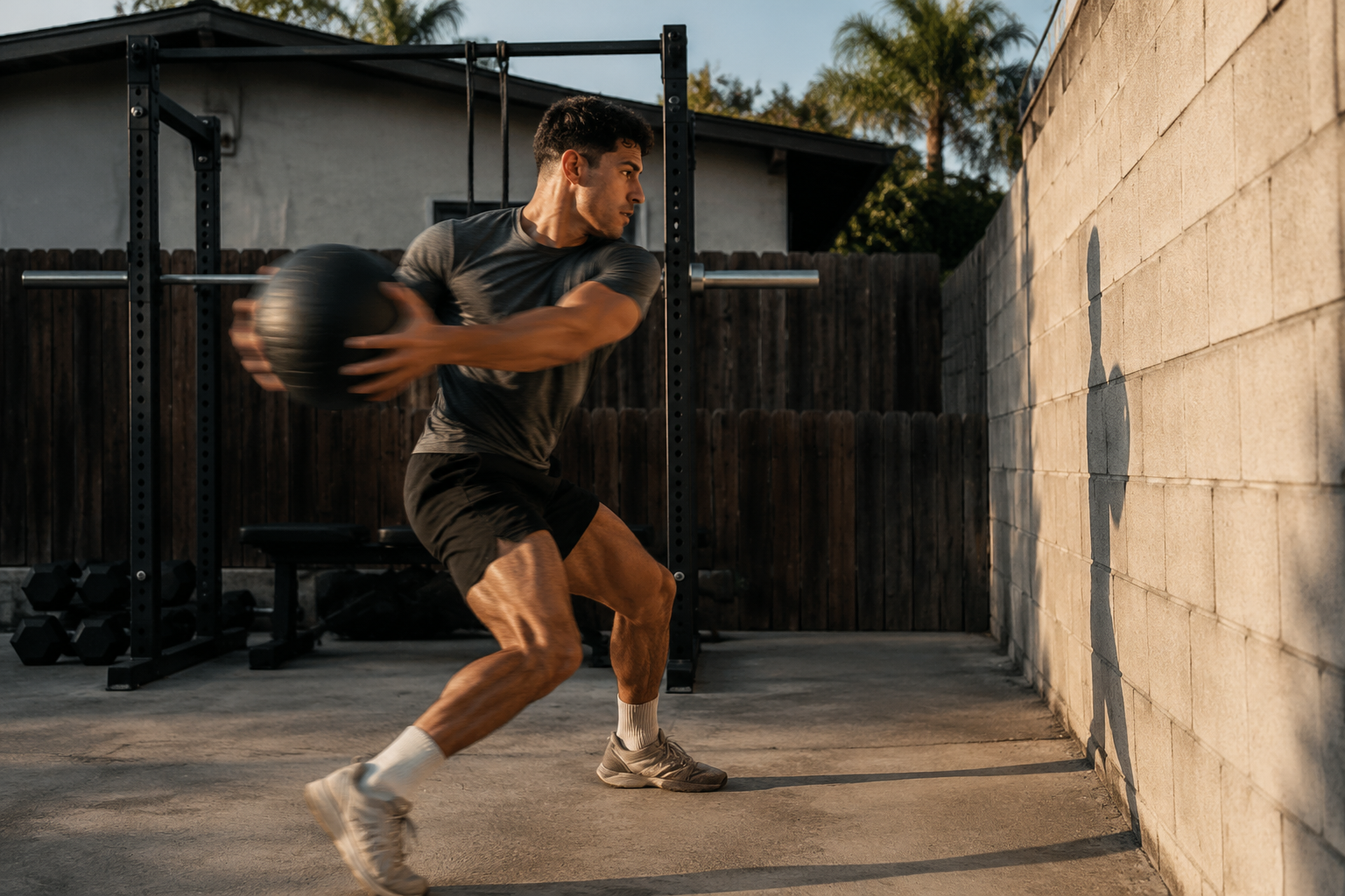 Baseball player throwing a medicine ball against a wall in a driveway.