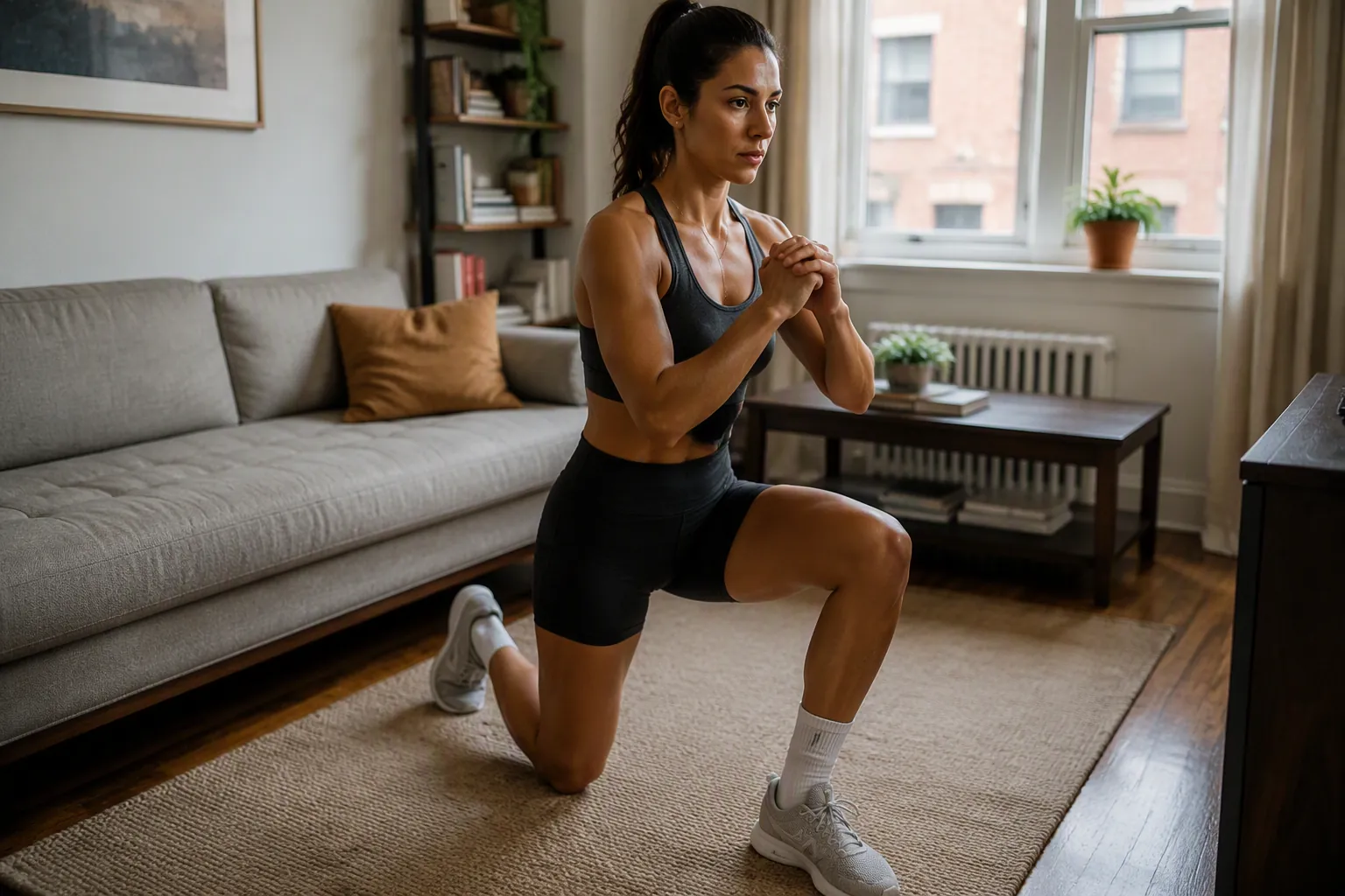 Person performing a controlled lunge in a small apartment living room with no equipment