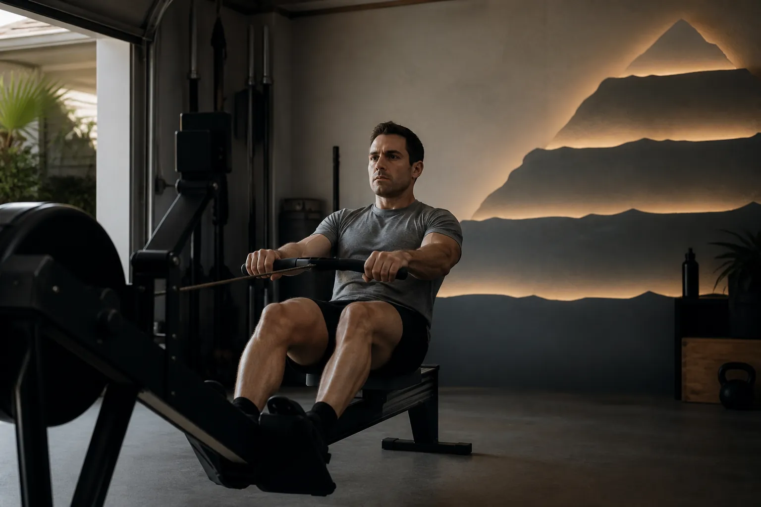 A home-gym rower mid-stroke with four ascending lighted steps suggesting a rowing pyramid challenge