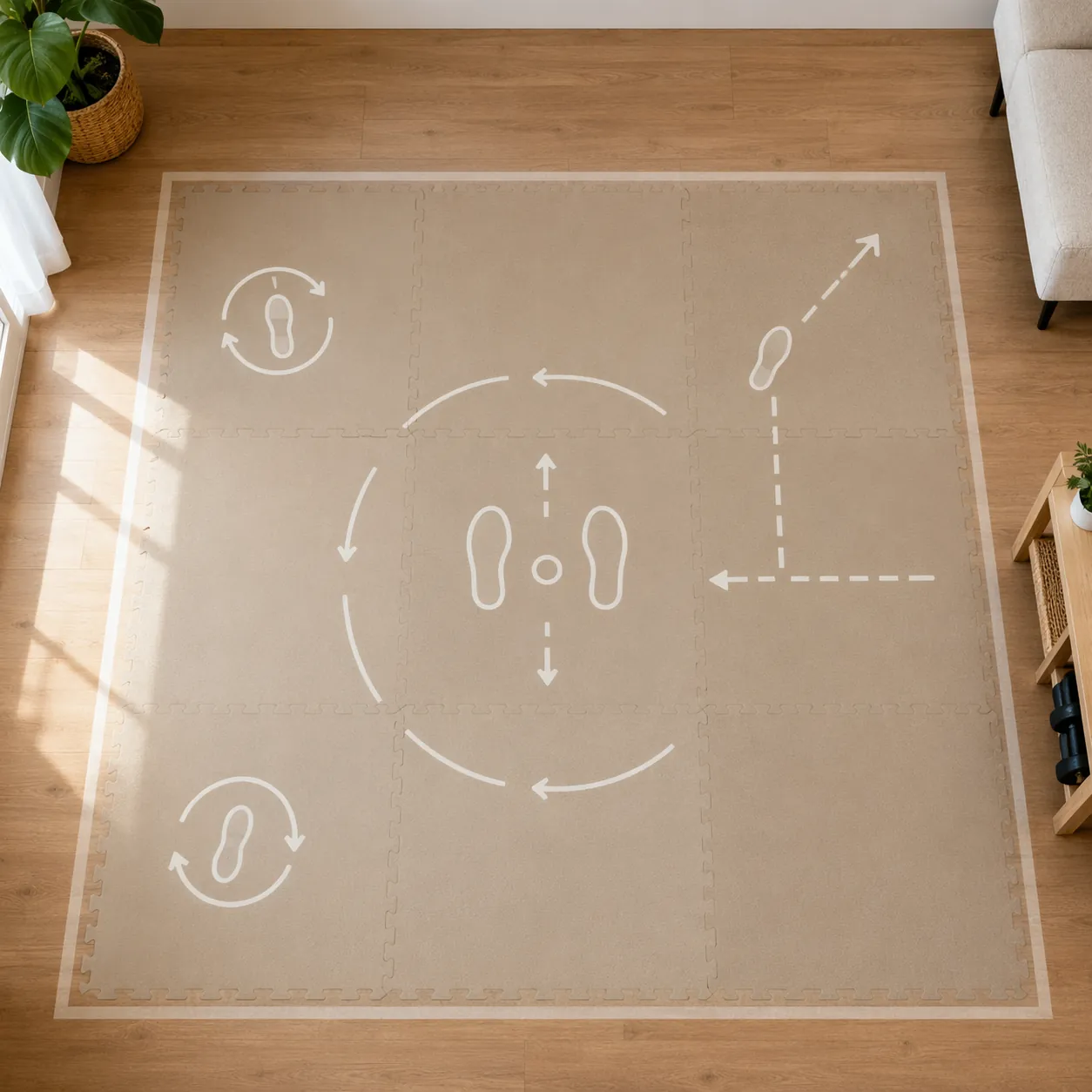 Top-down foam mat square marked with boxing footwork patterns and directional arrows