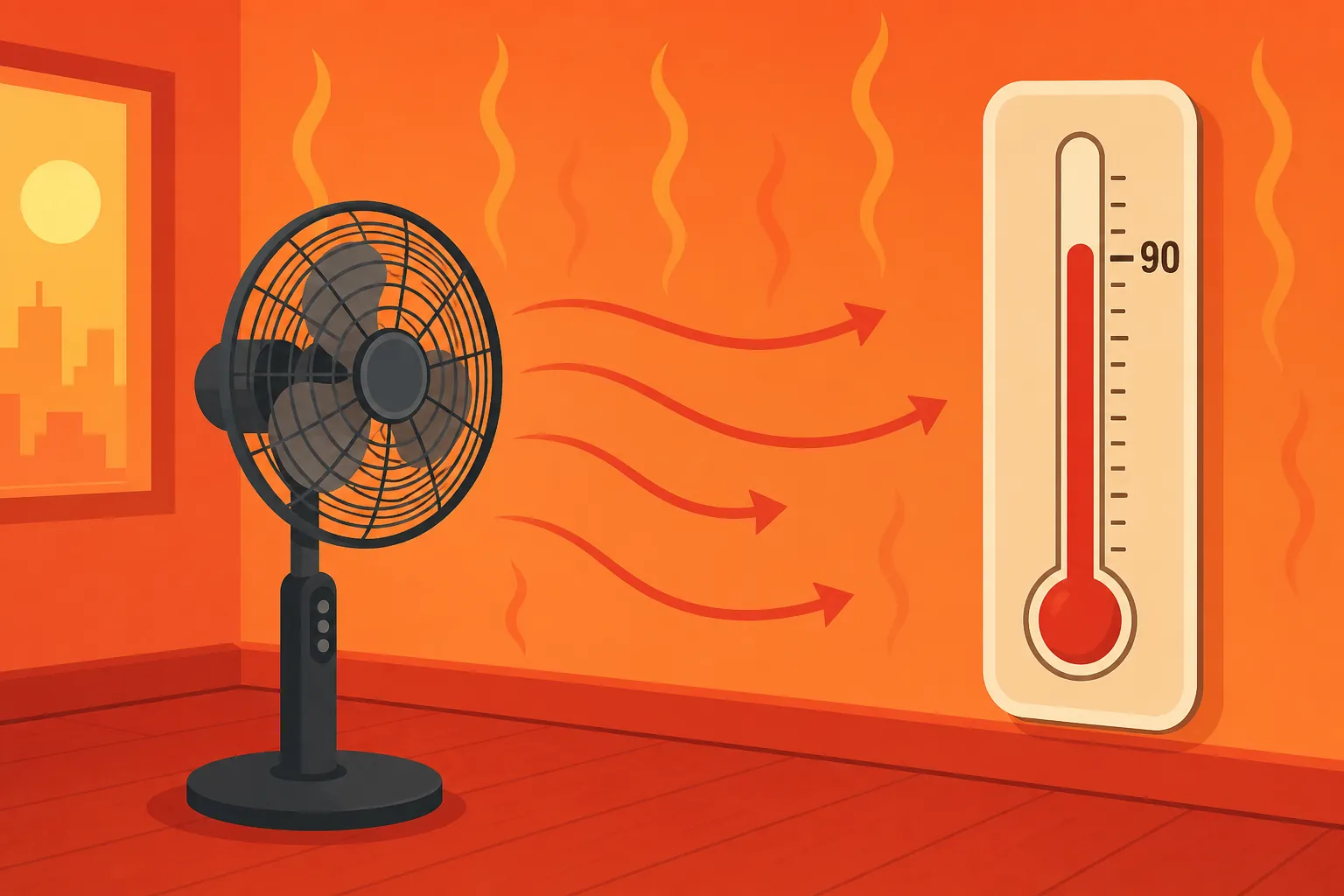 Fan blowing warm air in a room with a thermometer reading above 90 degrees