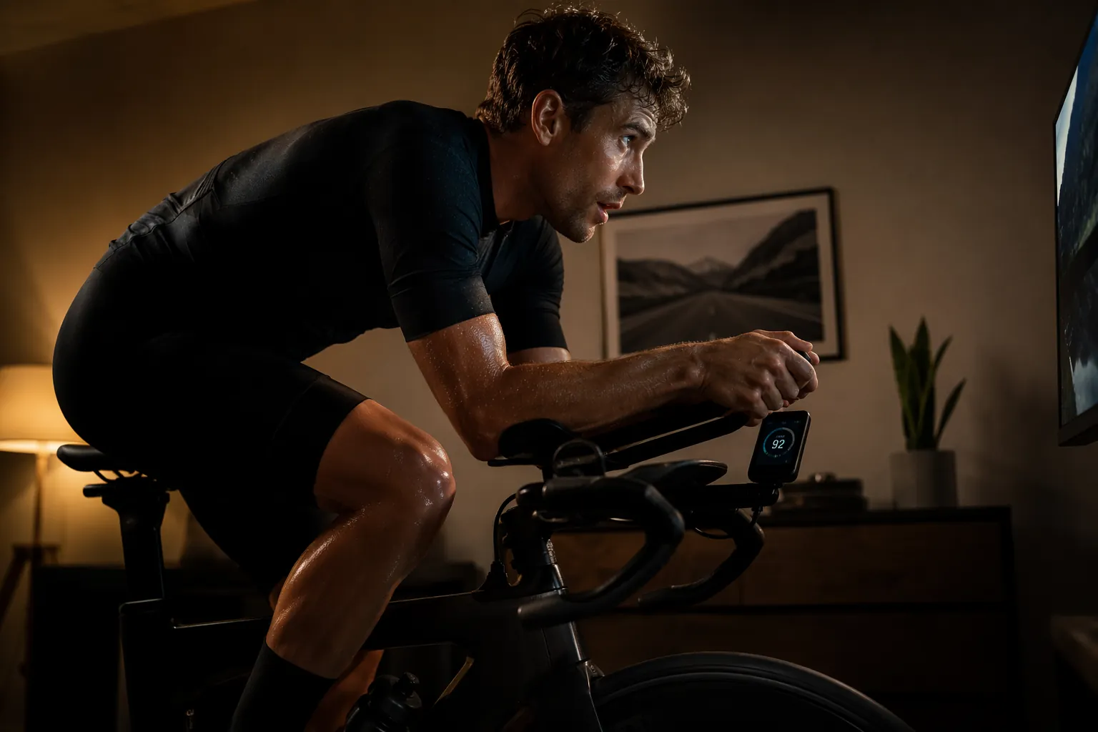 An indoor cyclist riding hard on a basic stationary bike with a visible bike computer display in a dimly lit home setting