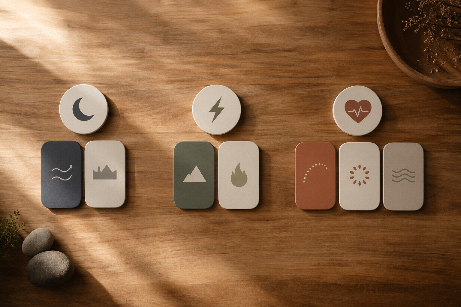 Three groups of abstract icons on a wooden surface: moon icons for sleep, lightning icons for activity, and heart-rate icons for body stress. Minimalist editorial style.