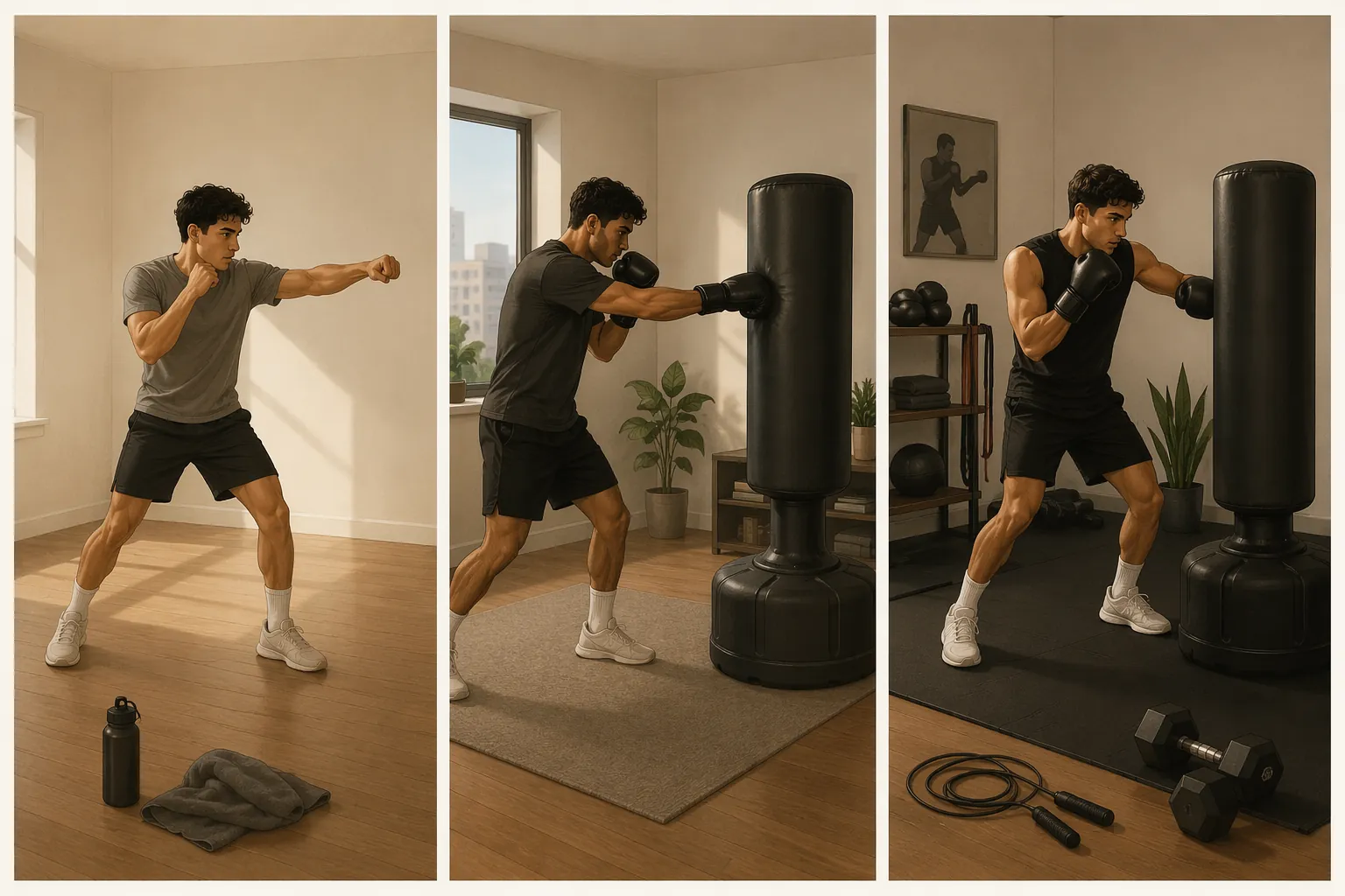 Three home boxing setups showing shadow boxing, a heavy bag corner, and a fuller bag plus strength setup