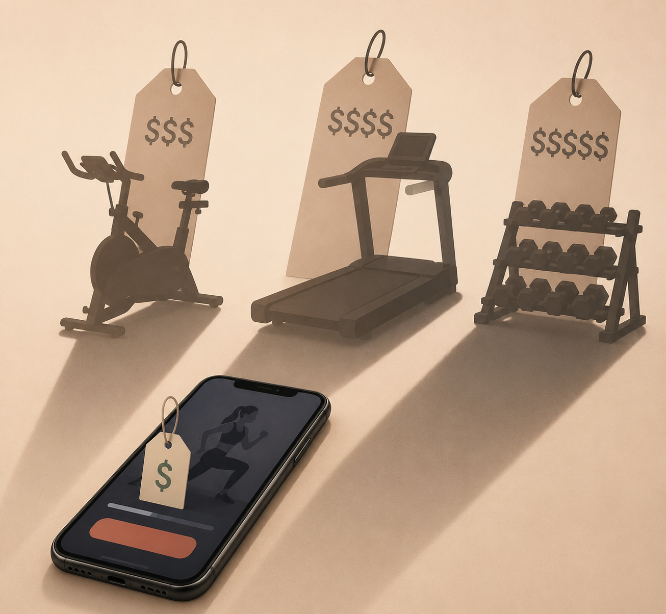 Fitness app subscription price on a phone with large exercise equipment silhouettes suggesting hidden hardware costs