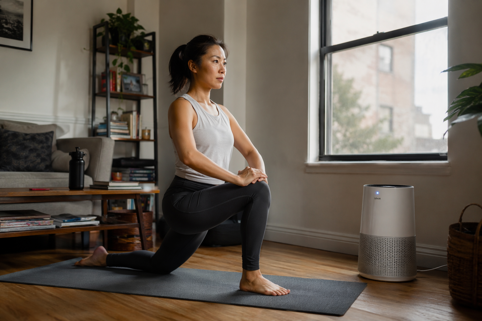 Person doing a low-impact bodyweight workout near a HEPA air purifier in a small apartment living room