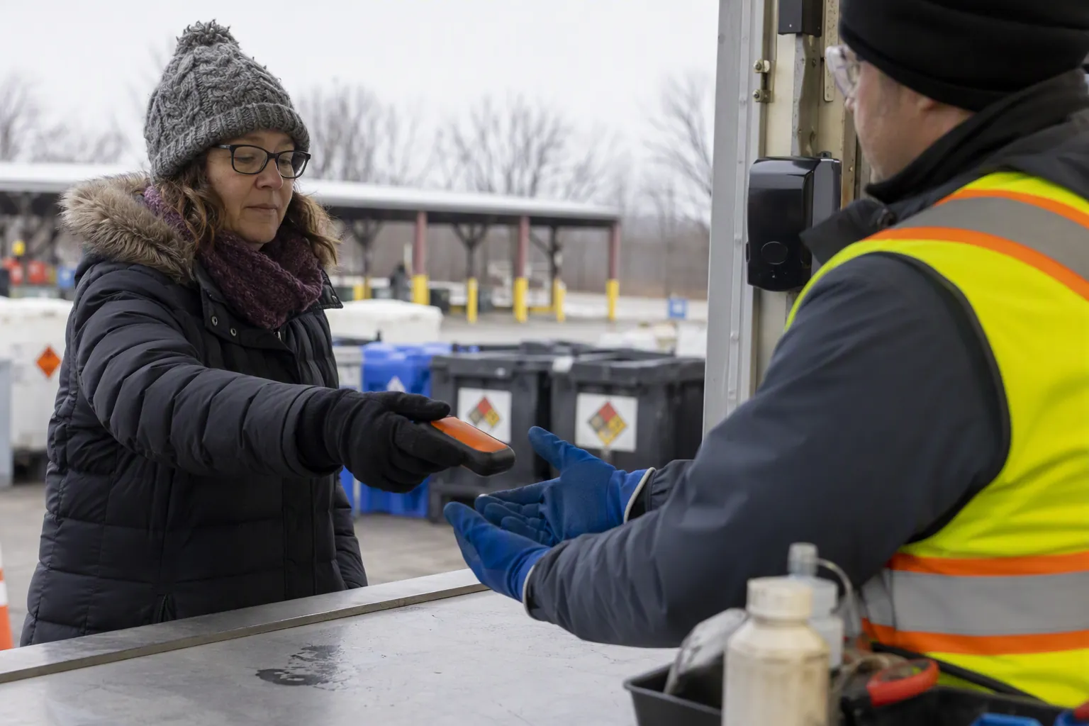 A runner hands a recalled hand warmer to a household hazardous waste center worker.