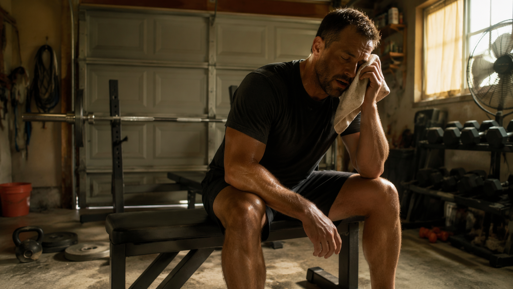 Person exercising in a hot, confined garage home gym with concrete floor and warm afternoon light