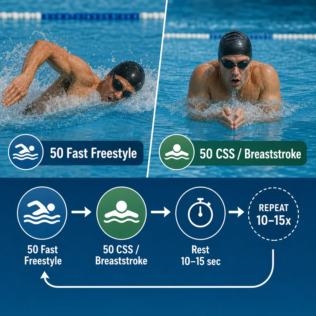 Illustration of the 50-50 swim protocol alternating fast freestyle with calmer CSS or breaststroke rounds
