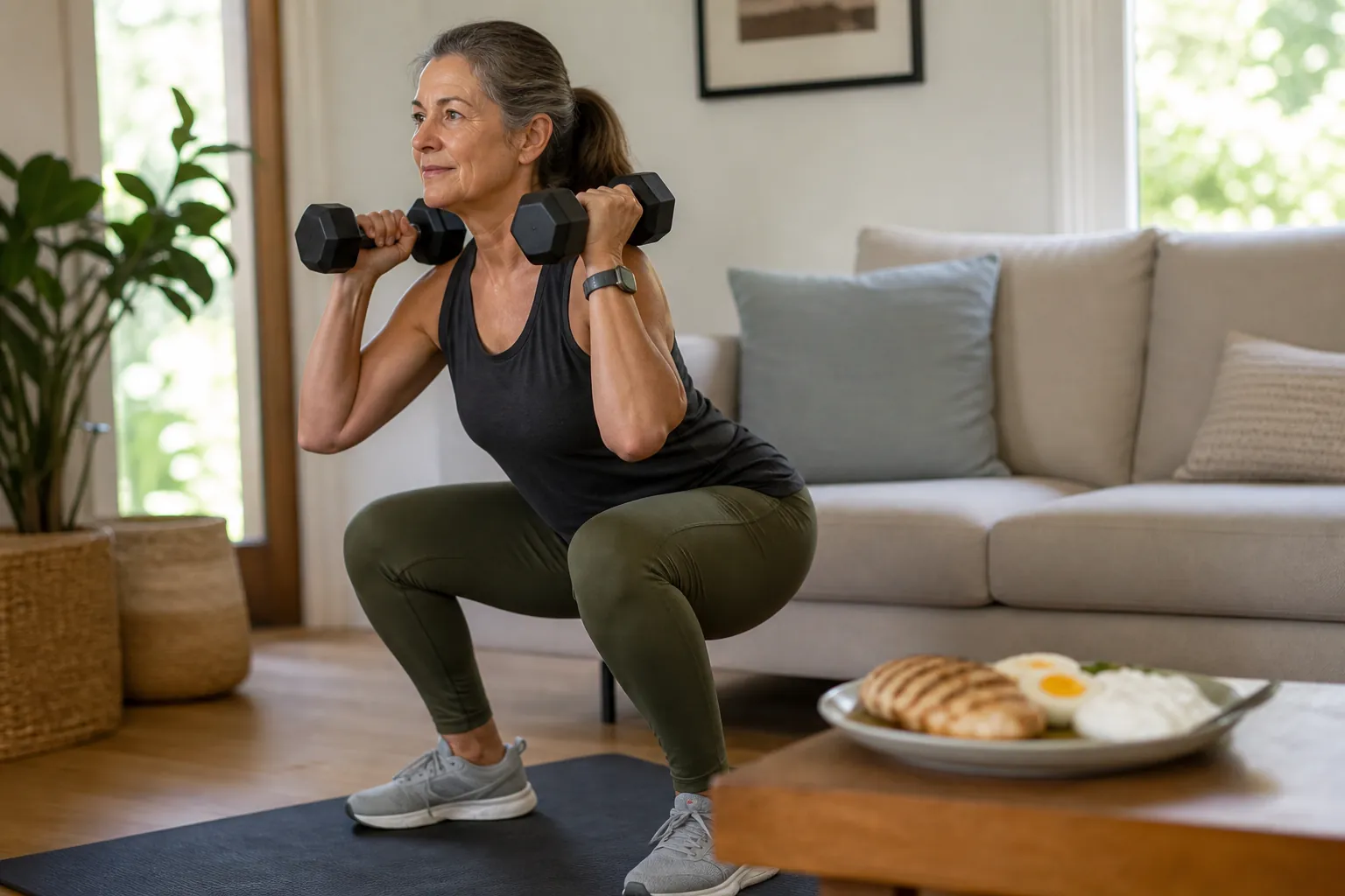 Woman in her late 50s doing a dumbbell squat at home with protein foods nearby