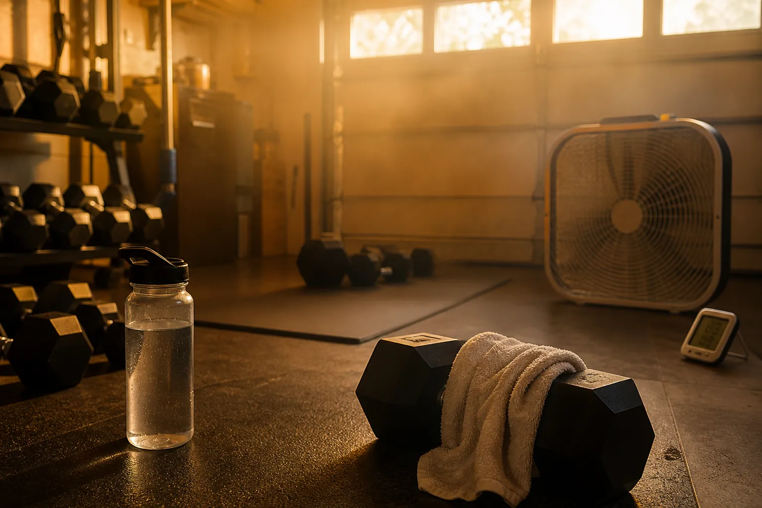 Small garage gym with dumbbells, a fan, thermometer, water bottle, and cold towel in warm hazy light