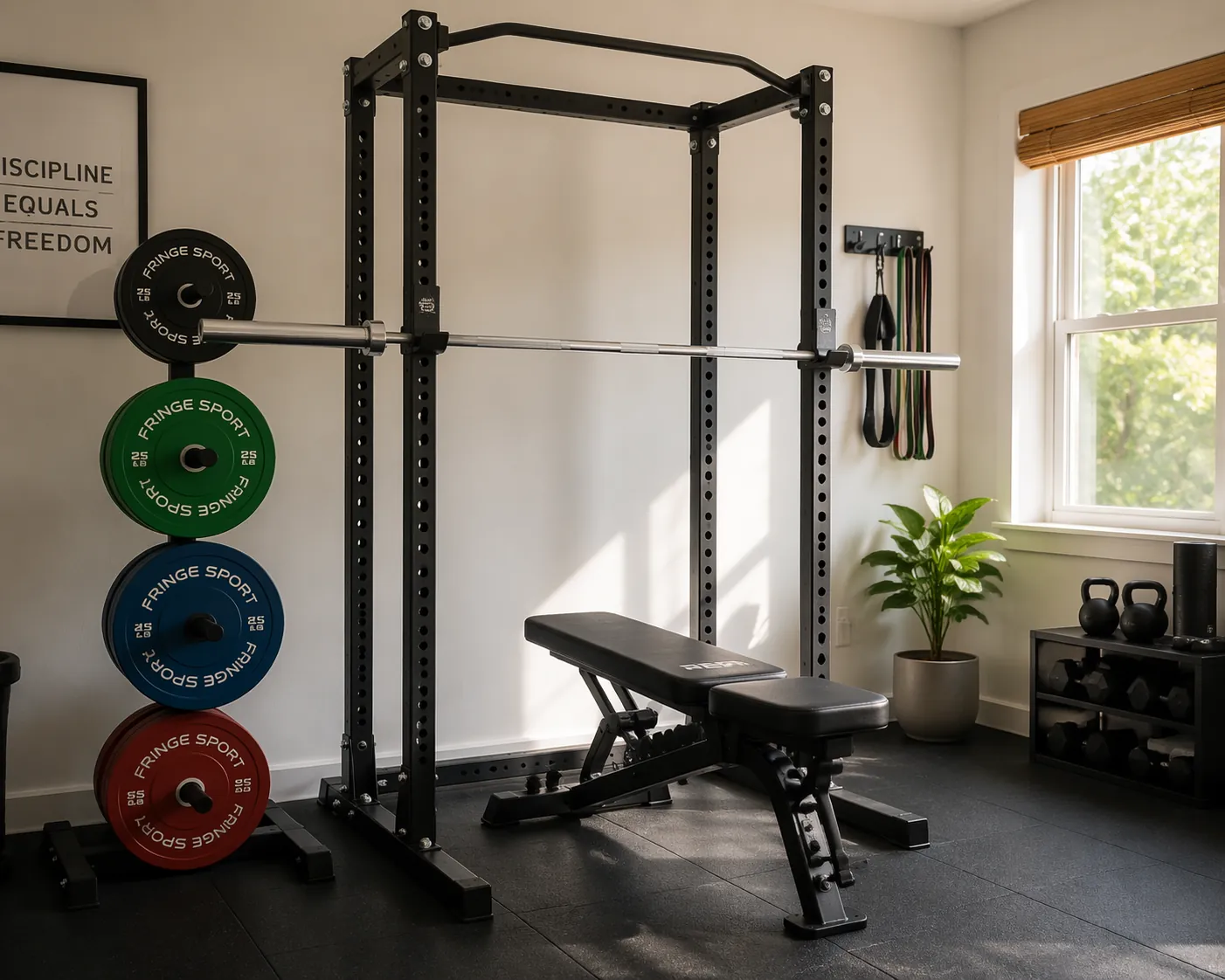 Compact home gym with squat rack, barbell, bench, plates, and rubber matting