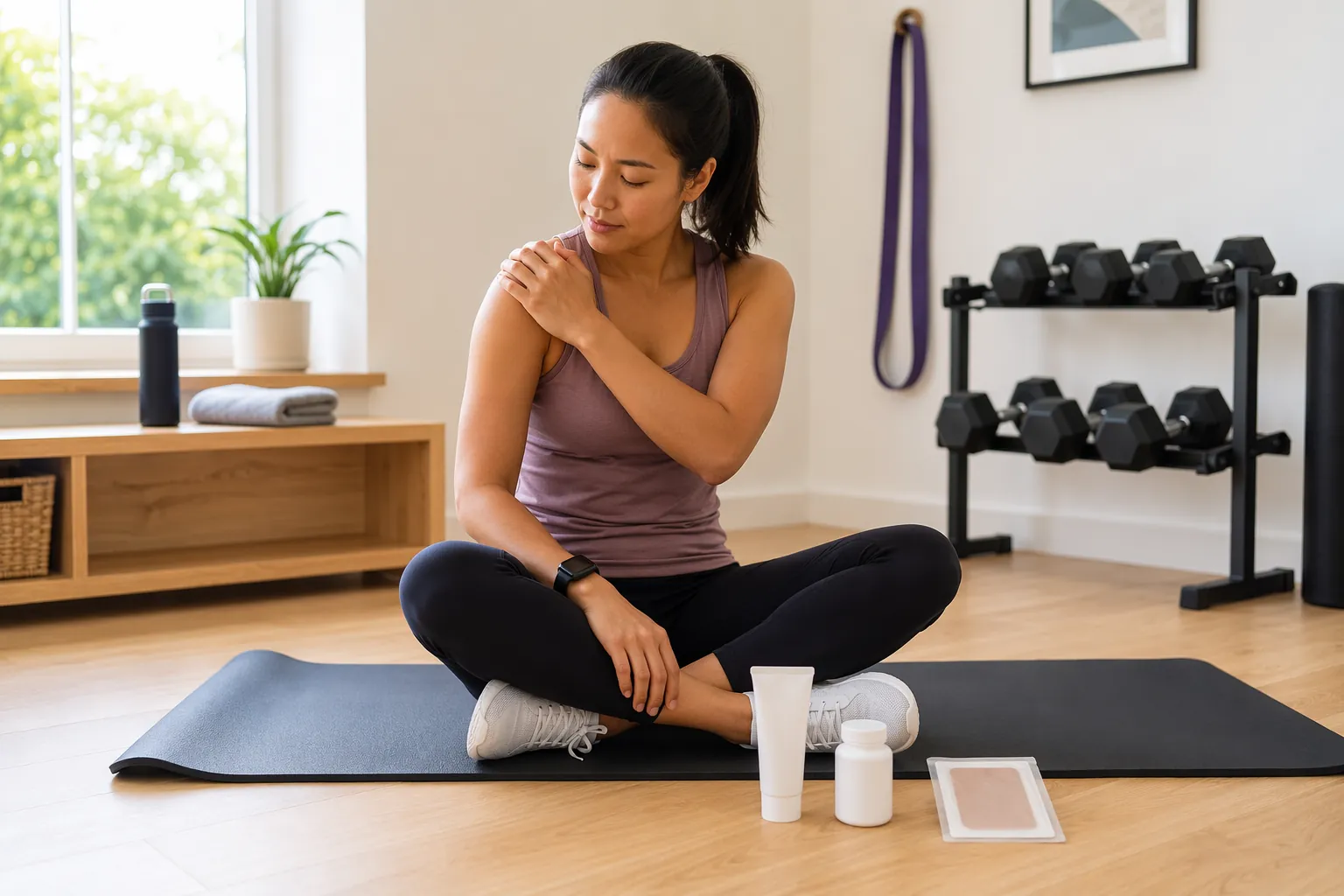 A home exerciser sitting on a yoga mat near topical gel, pain relief patches, and a pill bottle after a workout