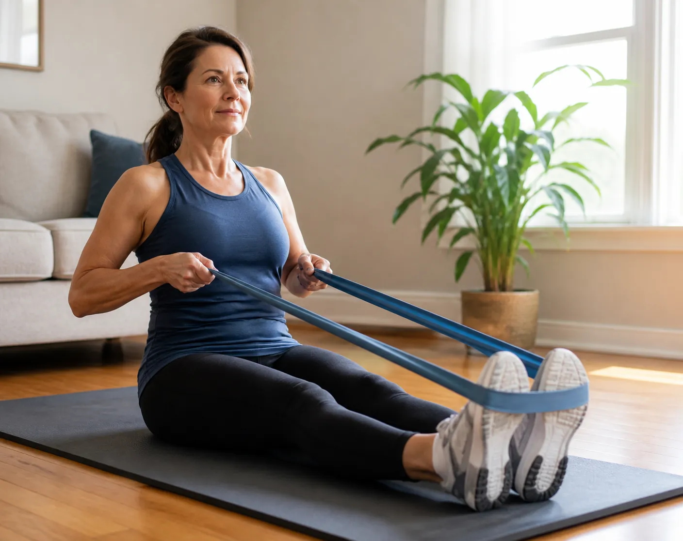 Midlife woman seated on an exercise mat in a small apartment performing a seated resistance-band row