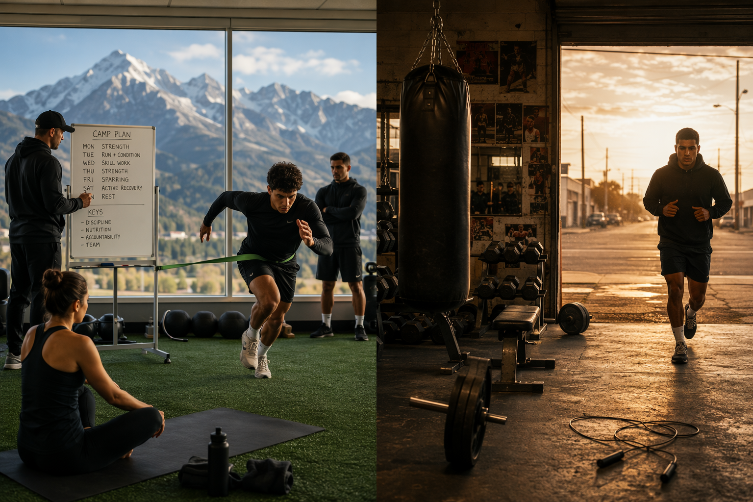 Split boxing training environments contrasting structured altitude camp work with a traditional boxing gym