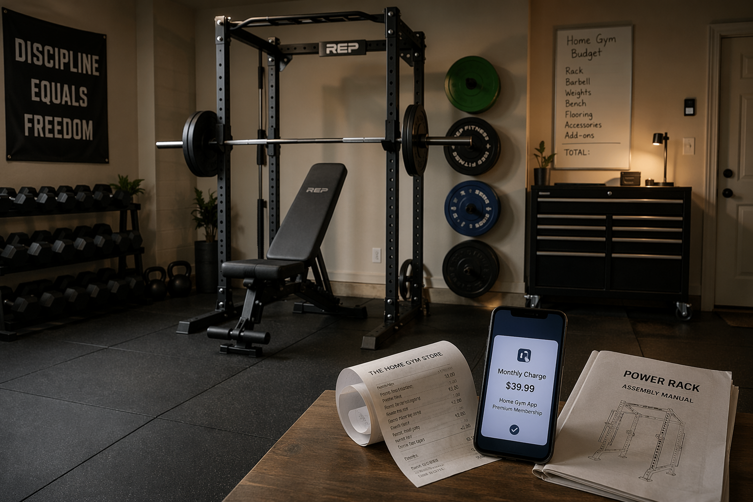 A garage home gym setup with a power rack, barbell, adjustable dumbbells, and bench on rubber flooring, with a receipt, a smartphone showing a monthly subscription charge, and an assembly manual subtly placed in the foreground to suggest overlooked costs beyond the equipment itself.