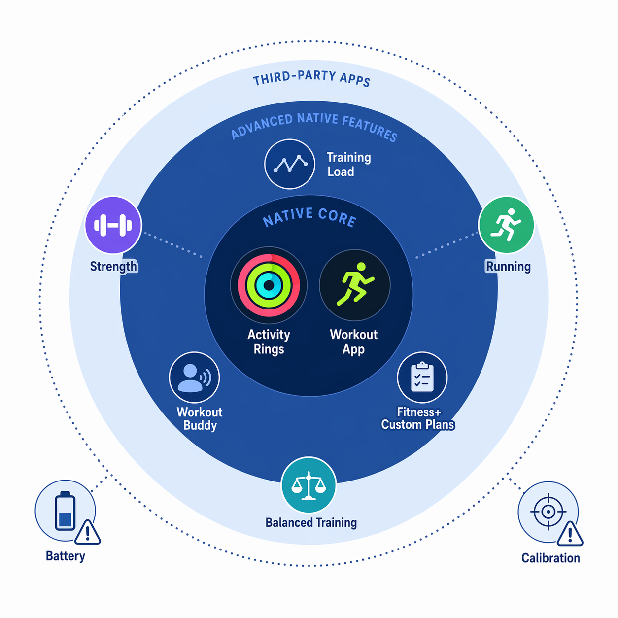 A clean illustration shows the Apple Watch fitness ecosystem as concentric layers with native features, advanced features, third-party apps, and caution icons for battery and calibration.