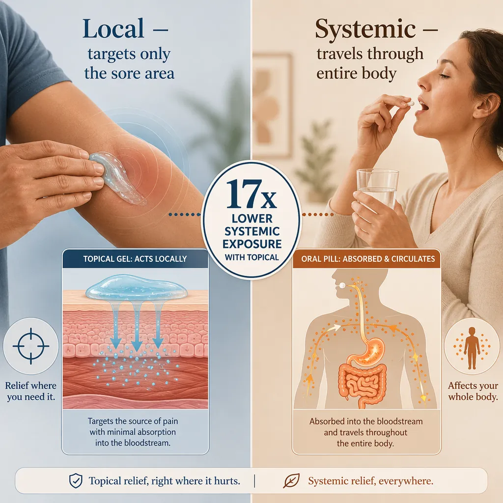 An illustration comparing topical gel applied locally with an oral pill moving through systemic circulation