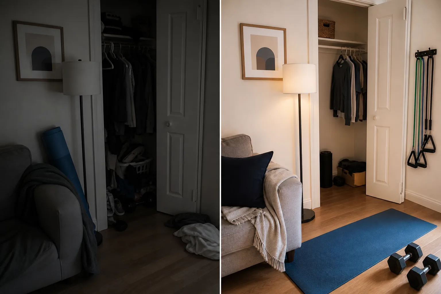 Before-and-after small apartment workout corner showing hidden gear on one side and a ready-to-start mat, dumbbells, and bands on the other
