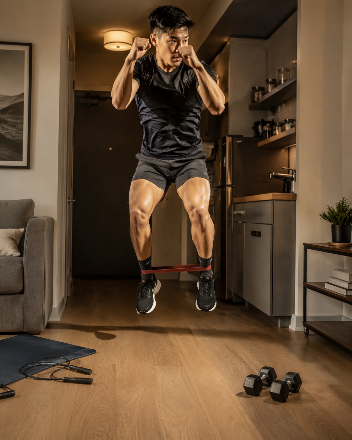 Person performing an explosive jump in a small apartment with resistance bands, a jump rope, and light dumbbells nearby