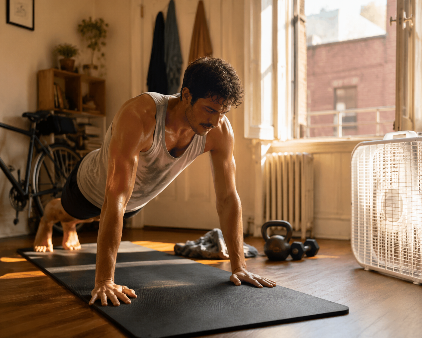 Person exercising on a yoga mat in a small warm apartment with a box fan near an open window
