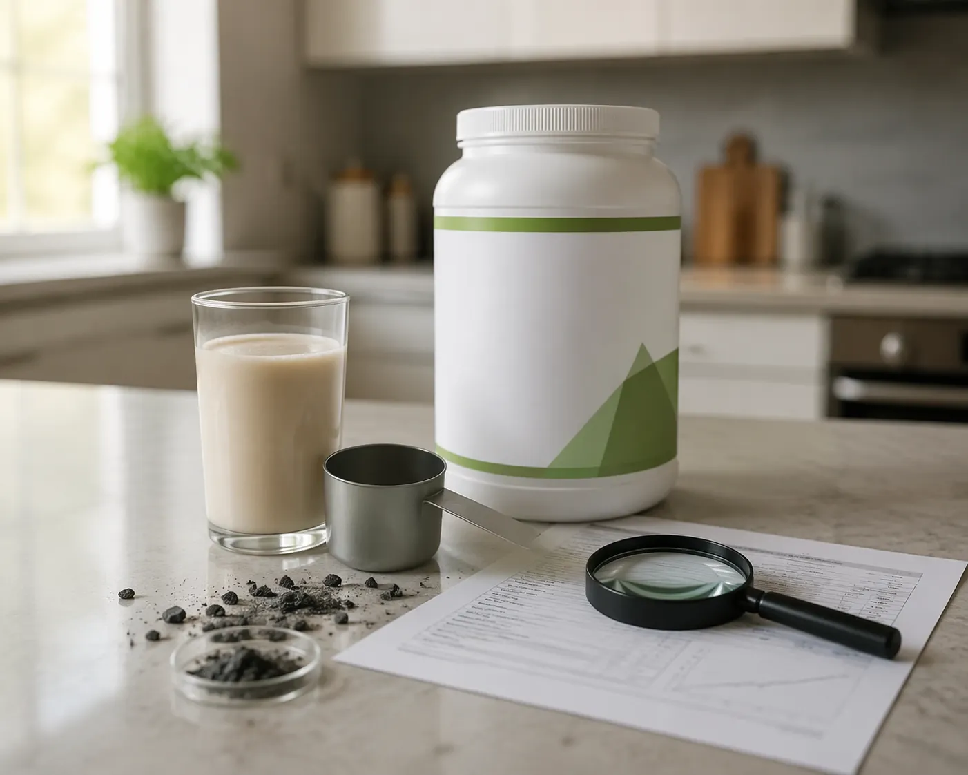 Protein powder tub, scoop, shake, and lab report on a kitchen counter