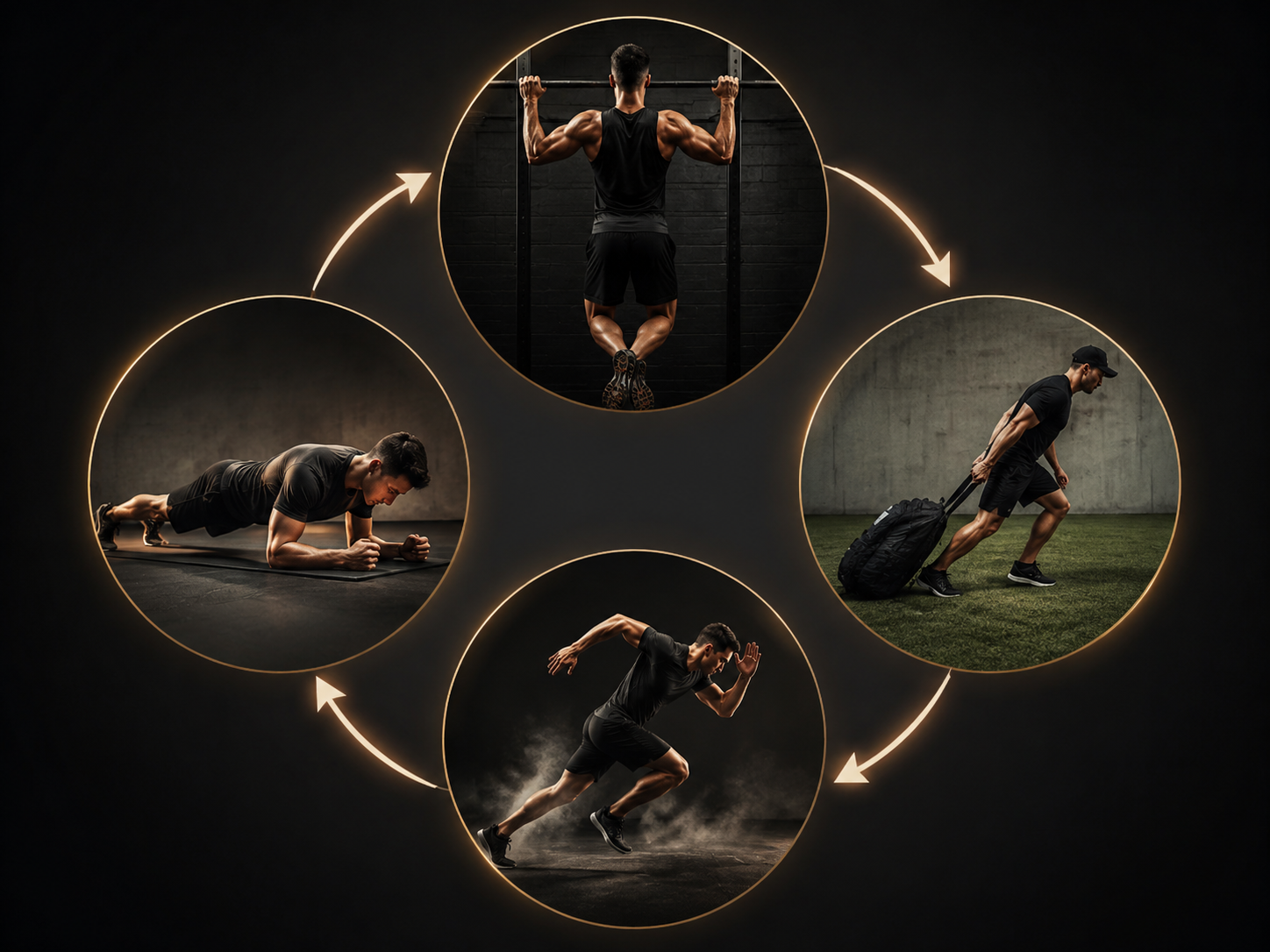 Circular workout flow showing pull-up, backpack drag, sprint, and plank brace stages