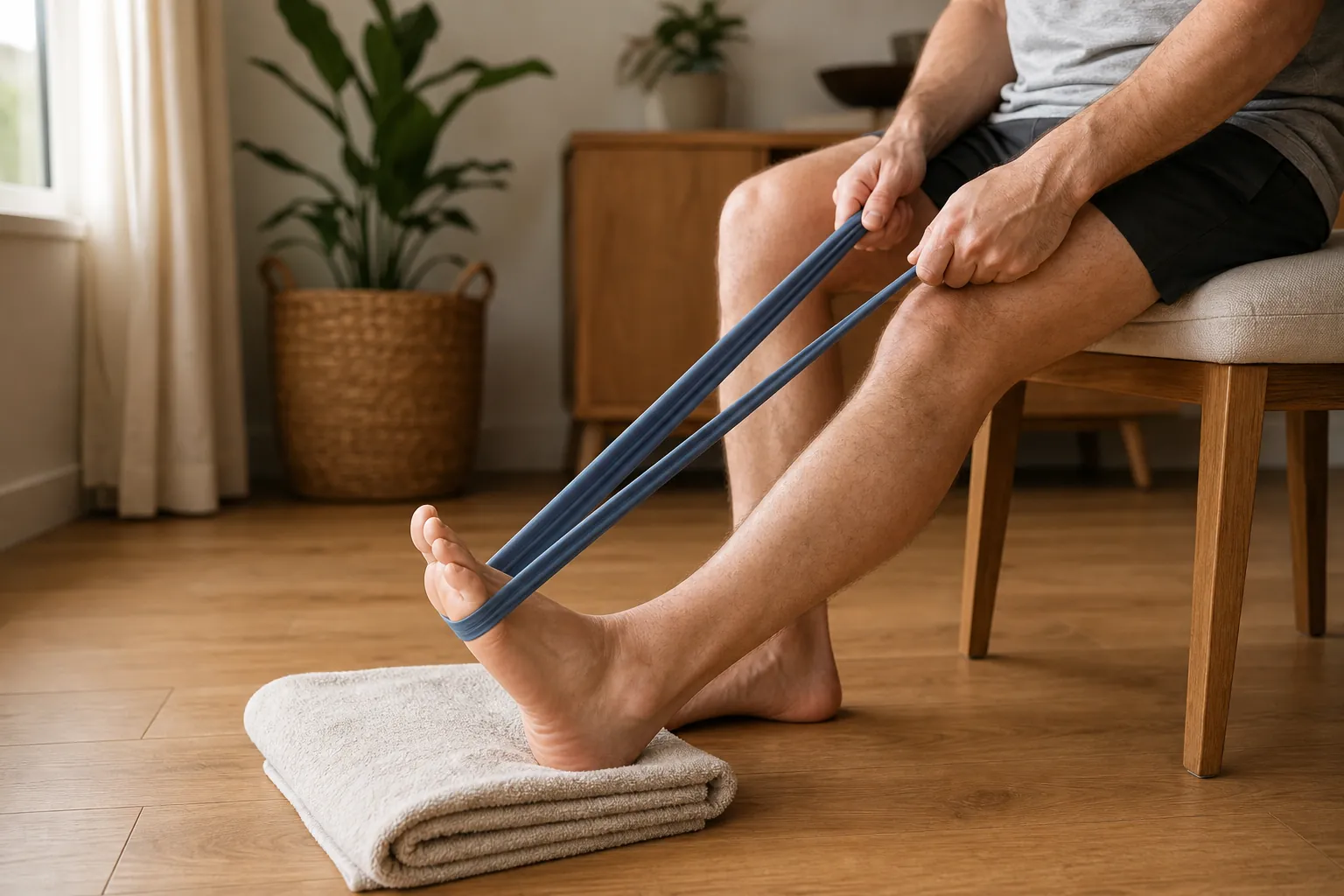 Person seated at home using a resistance band around the foot for ankle rehabilitation