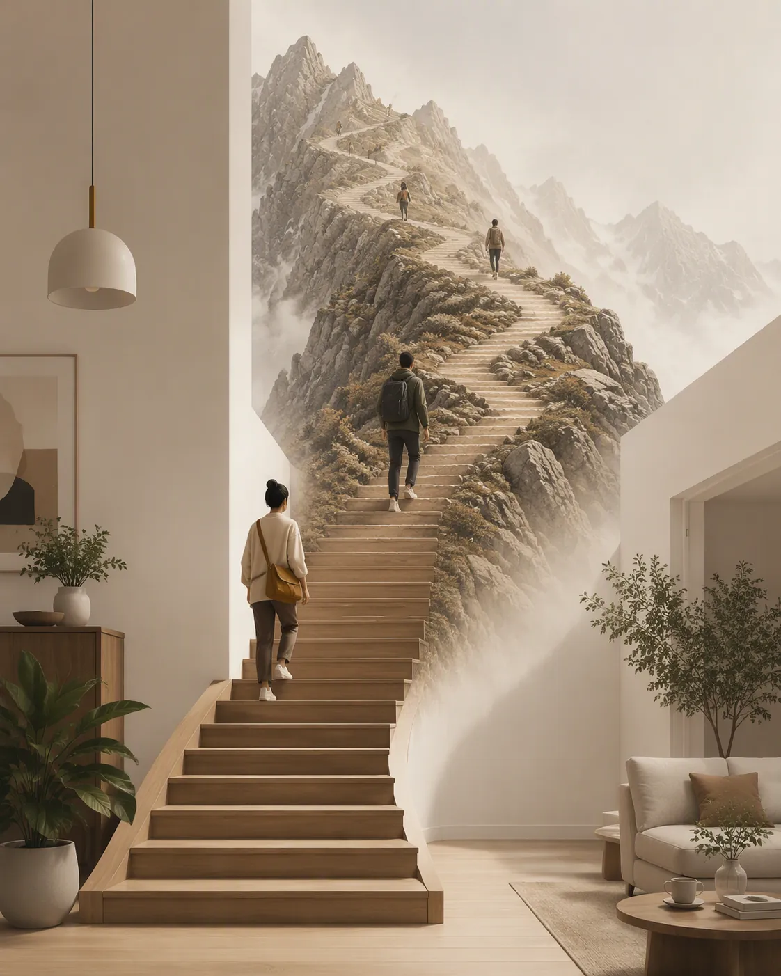 Indoor staircase curving like a mountain switchback trail to show how steps convert into vertical gain