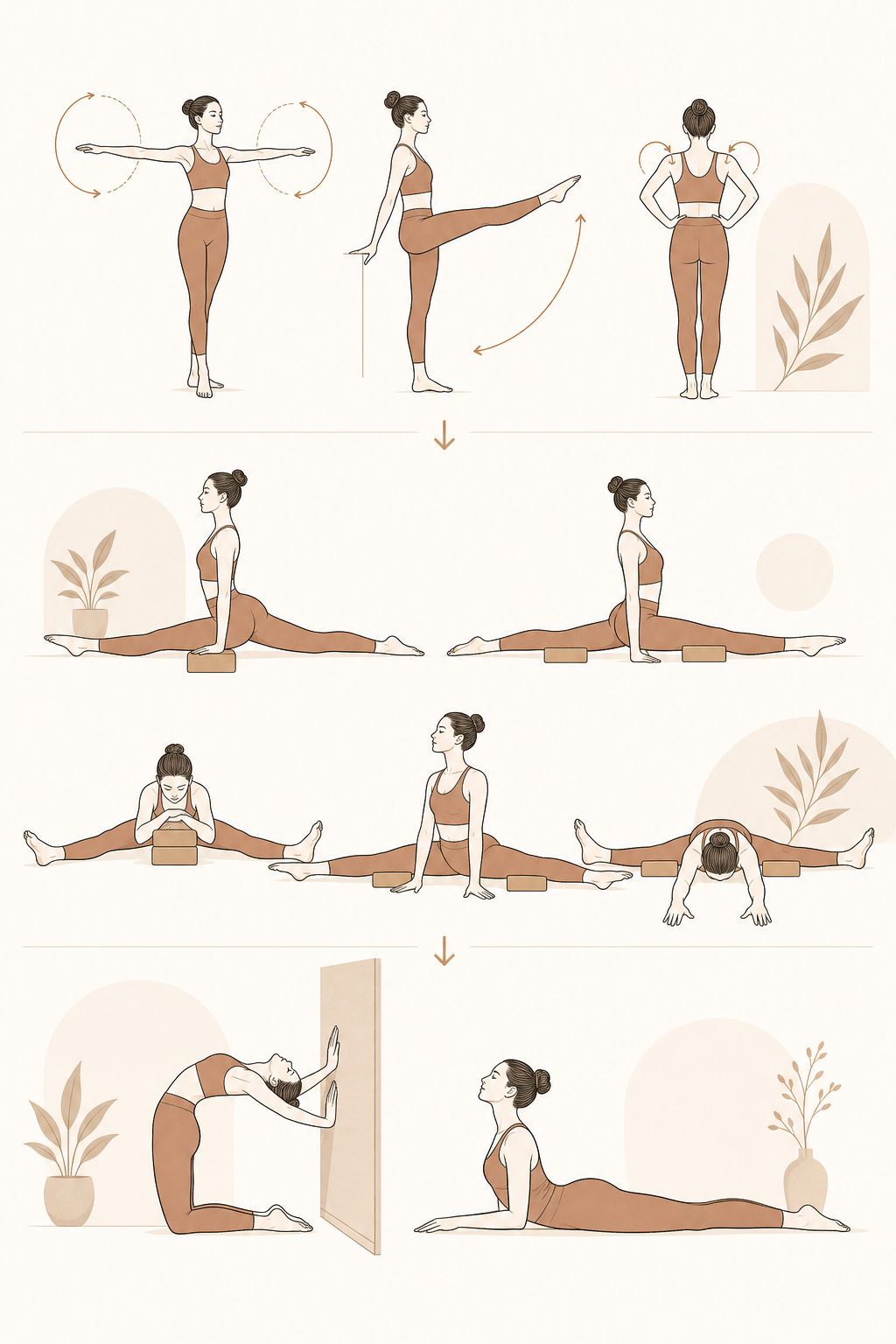 Line-art sequence showing dynamic warm-up drills, supported split and straddle positions, and wall-assisted backbend and cobra work