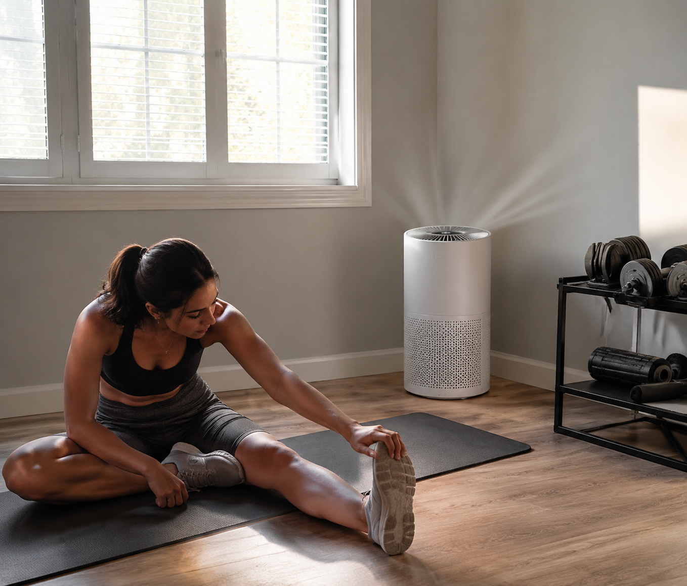 Person stretching on a yoga mat in a small home workout room with a HEPA purifier and adjustable dumbbells