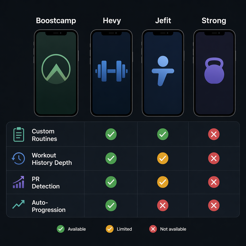 Four smartphone silhouette icons in a row labeled Boostcamp, Hevy, Jefit, and Strong with color-coded checkmarks and X indicators for custom routines, workout history, PR detection, and auto-progression.